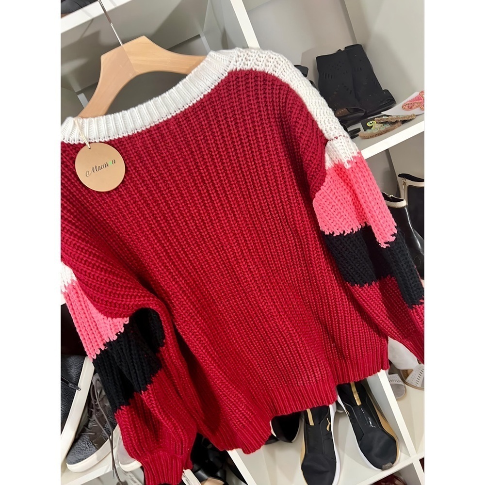 New! V Neck Pink Multi Puff Sleeve Oversized Chevron Sweater! - Picture 10 of 10
